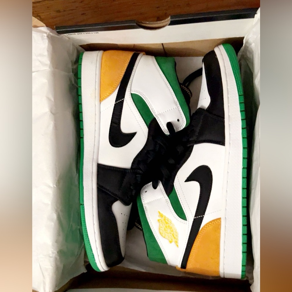 Men's Jordan 1 Mid White/Black/Lucky Green-Laser Orange (852542 101) - Size 12